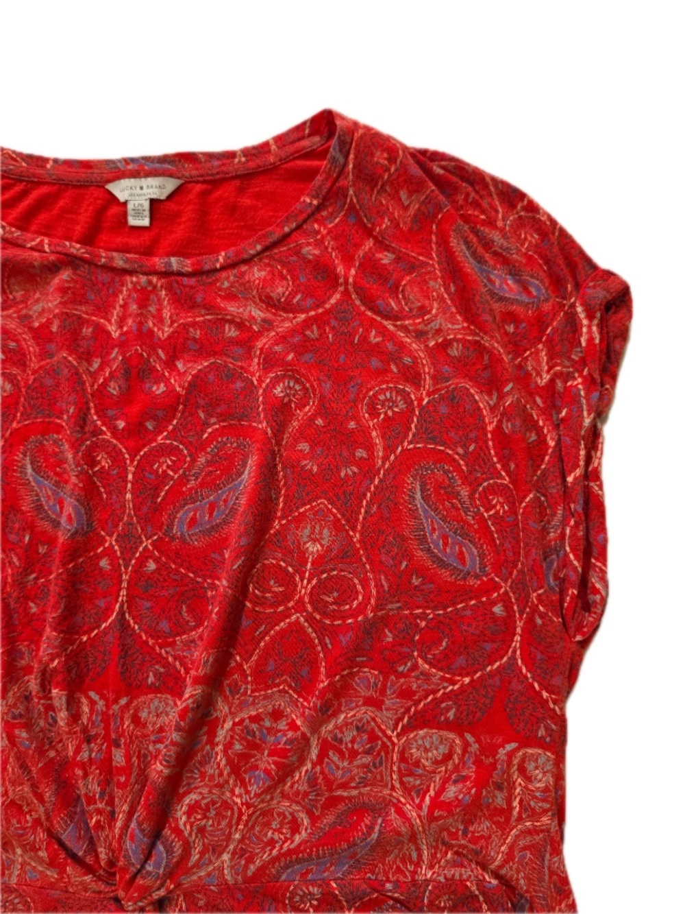 Lucky Brand Shirt Womens L Red Paisley Jersey Ruched Relaxed Fit Summer - Picture 3 of 6